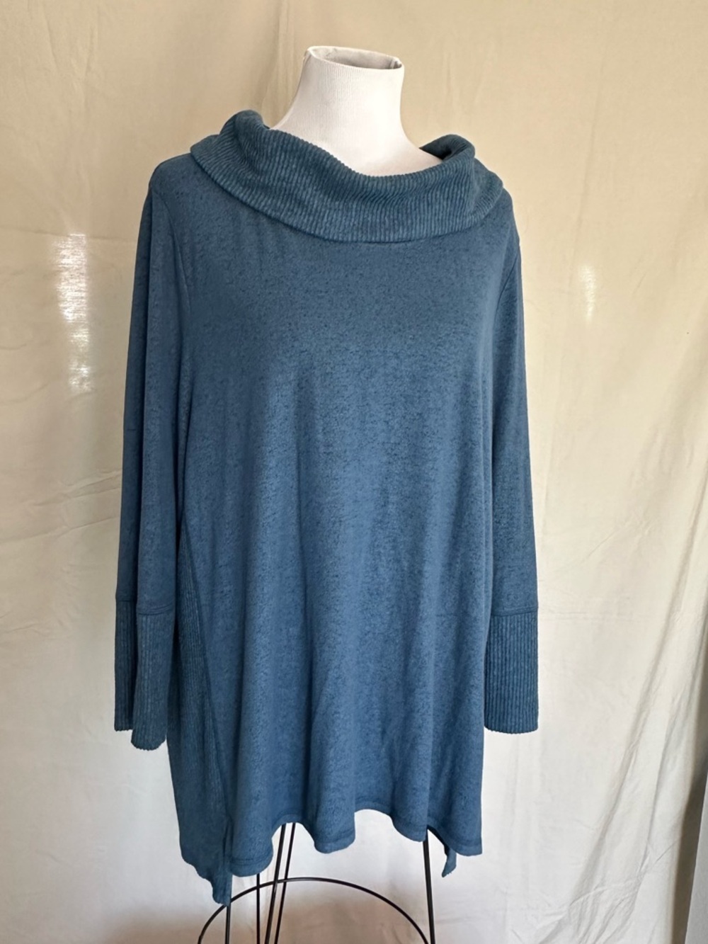 Habitat Dusty Teal Blue Cowl Neck Sweater tunic elbow 3/4 sleeve XXL ribbed soft